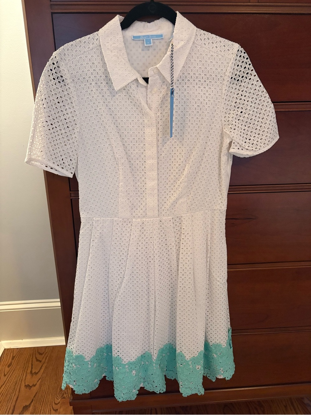 Draper James White Eyelet Dress with Mint Scallop Hem